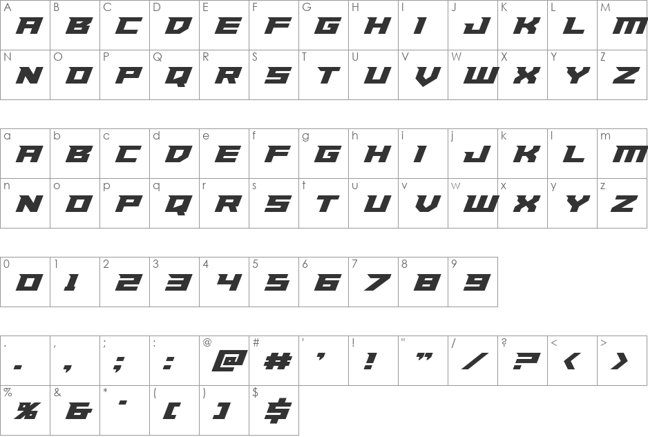 Paladins Super-Italic font character map preview