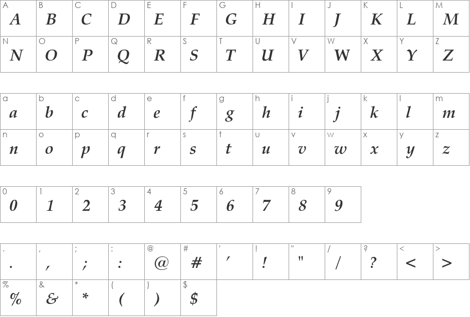 Palatino-Bold-Italic font character map preview