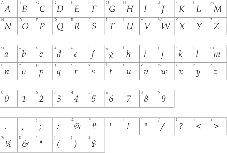 Palatino-Italic Wd font character map preview