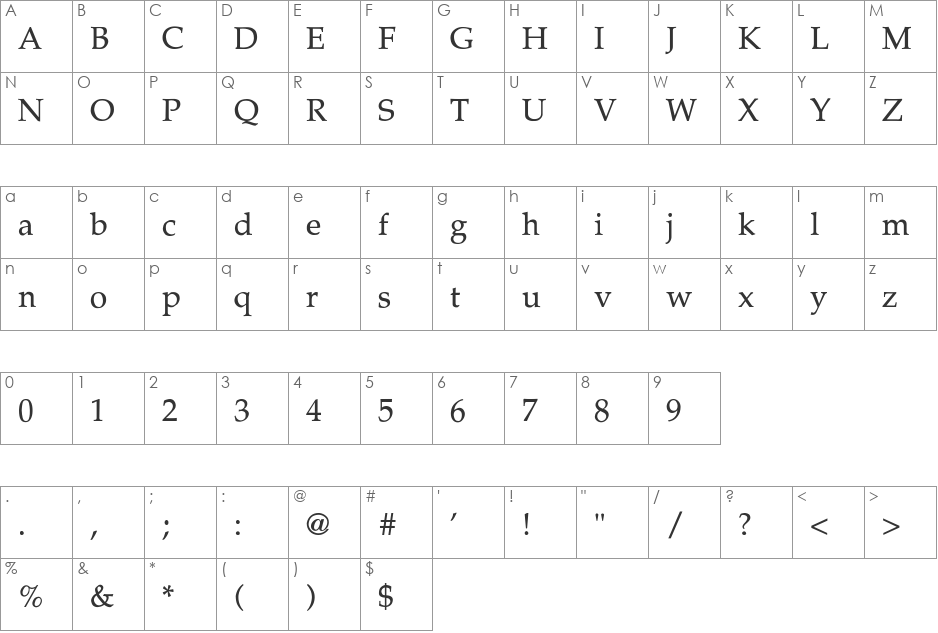 Palatino-Thin font character map preview