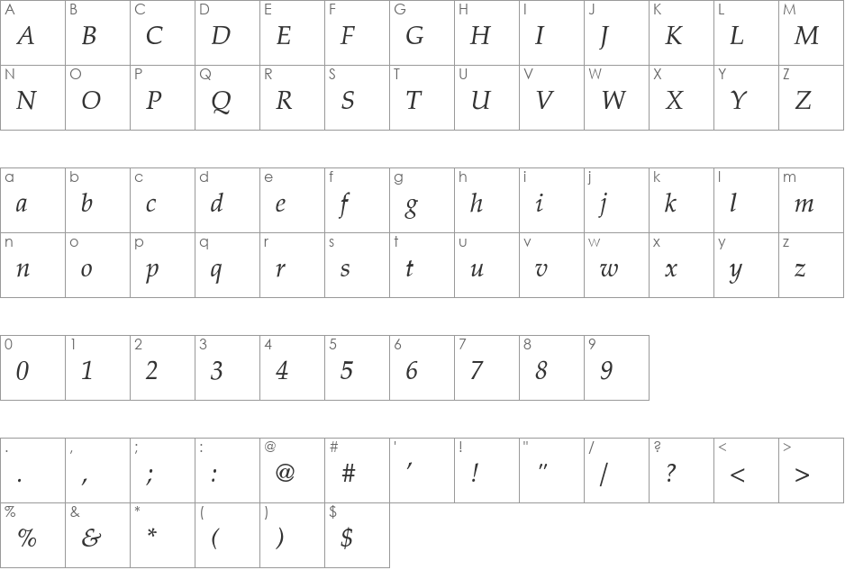Palatino-Thin-Italic font character map preview