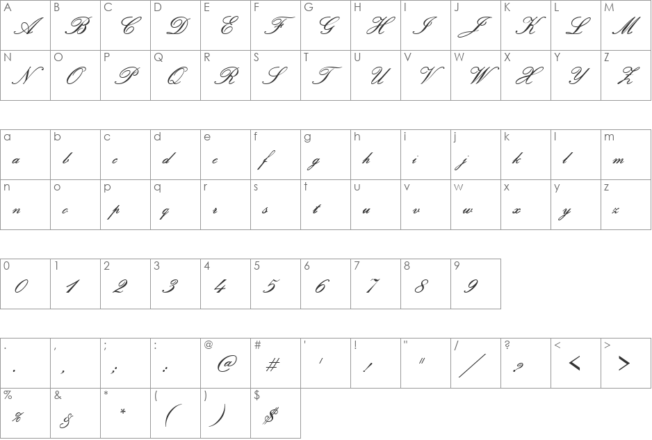 PallusScript font character map preview
