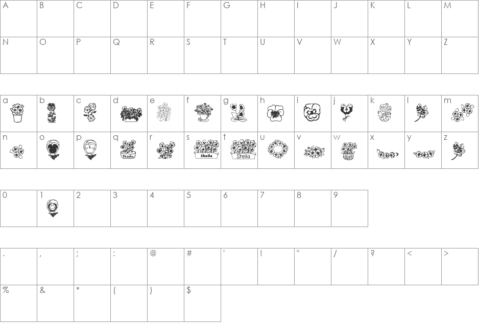 pansies4sheila2 font character map preview