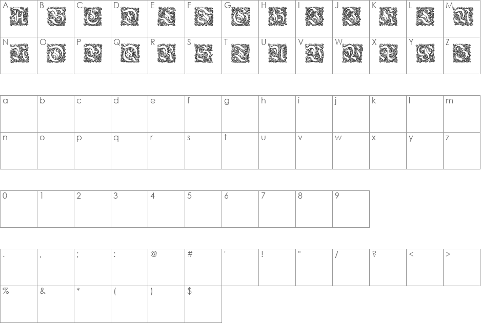 Parigee Initials Simple font character map preview