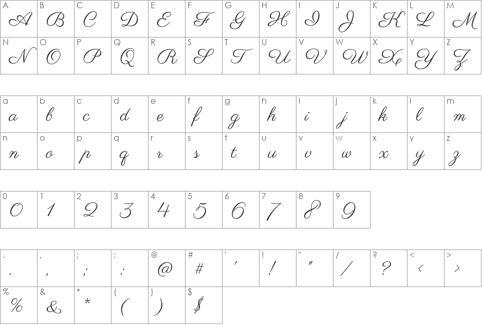 Parisienne font character map preview