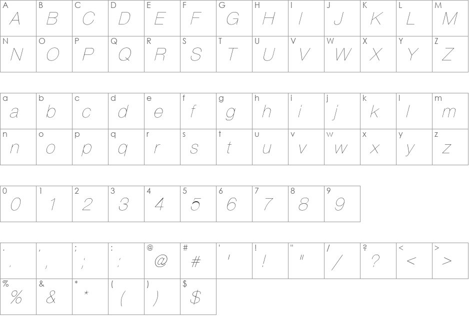 PartridgeObl-Th font character map preview
