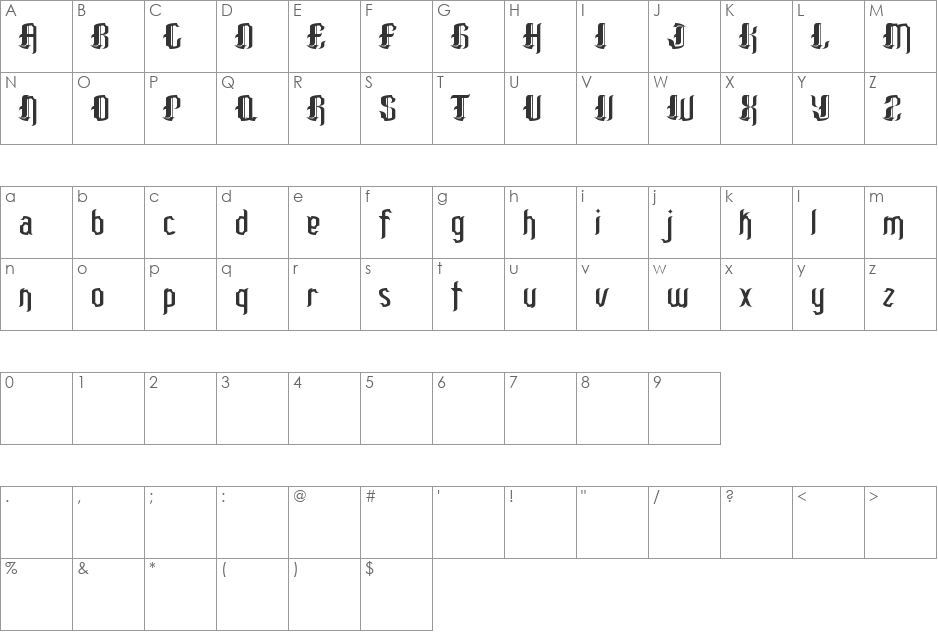 Patinio Gothic font character map preview
