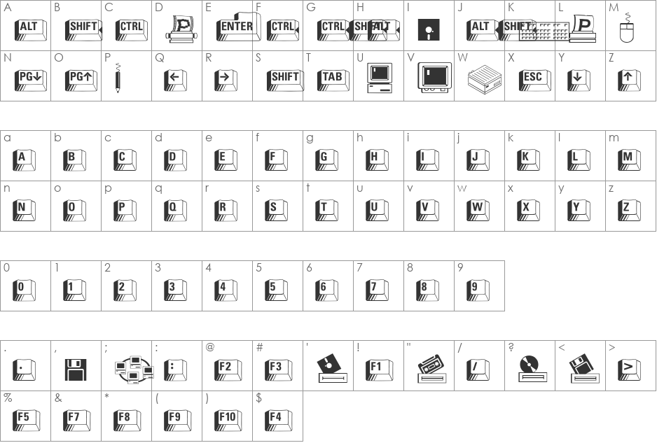 PC Keys font character map preview