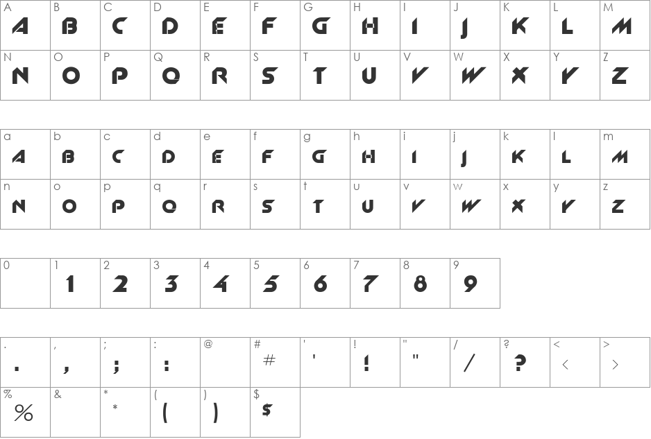 PCAndilarett font character map preview