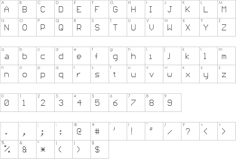PCBius font character map preview