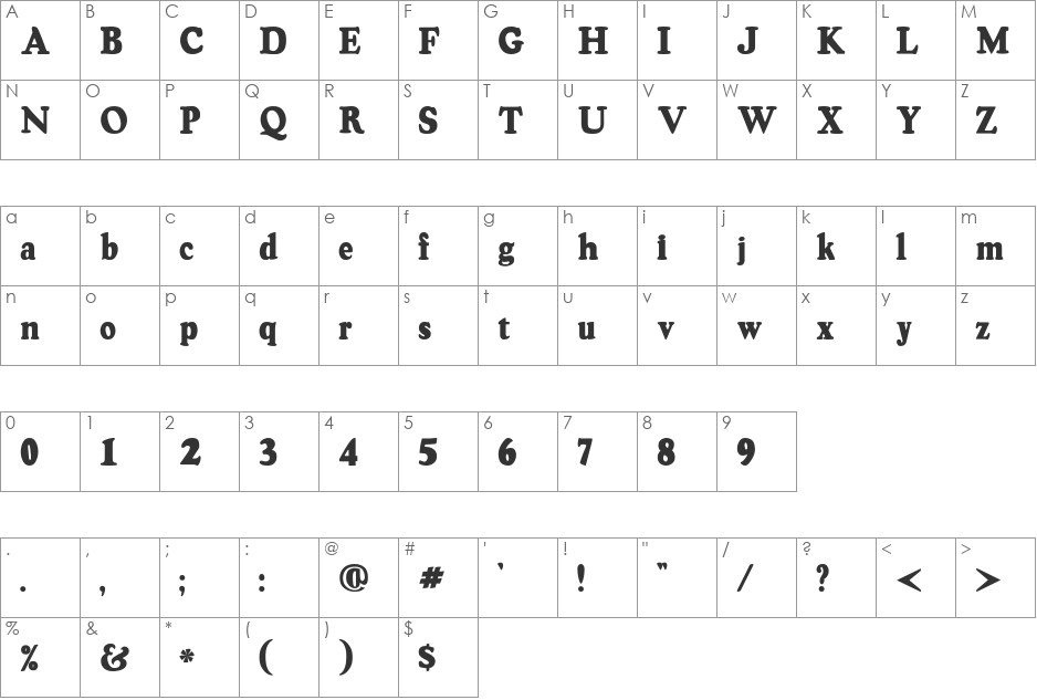 PCHarveyGrey font character map preview