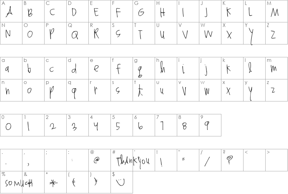 Pea Heather's Handwriting font character map preview