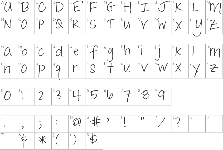 Pea Jane In A Hurry font character map preview