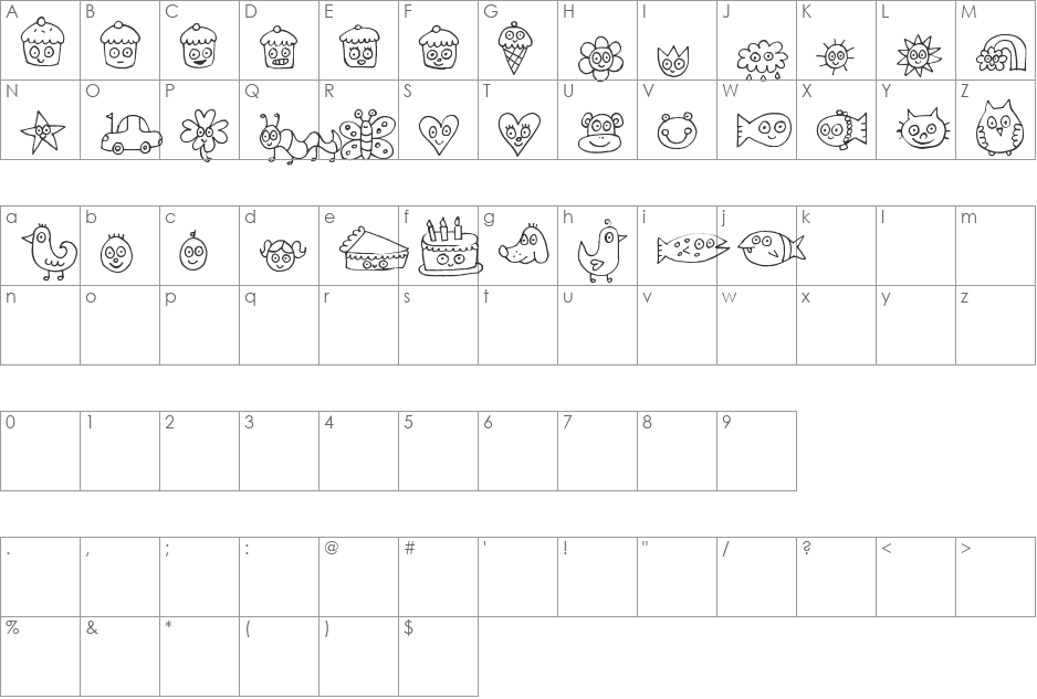 Pea Jelene's Doodles font character map preview