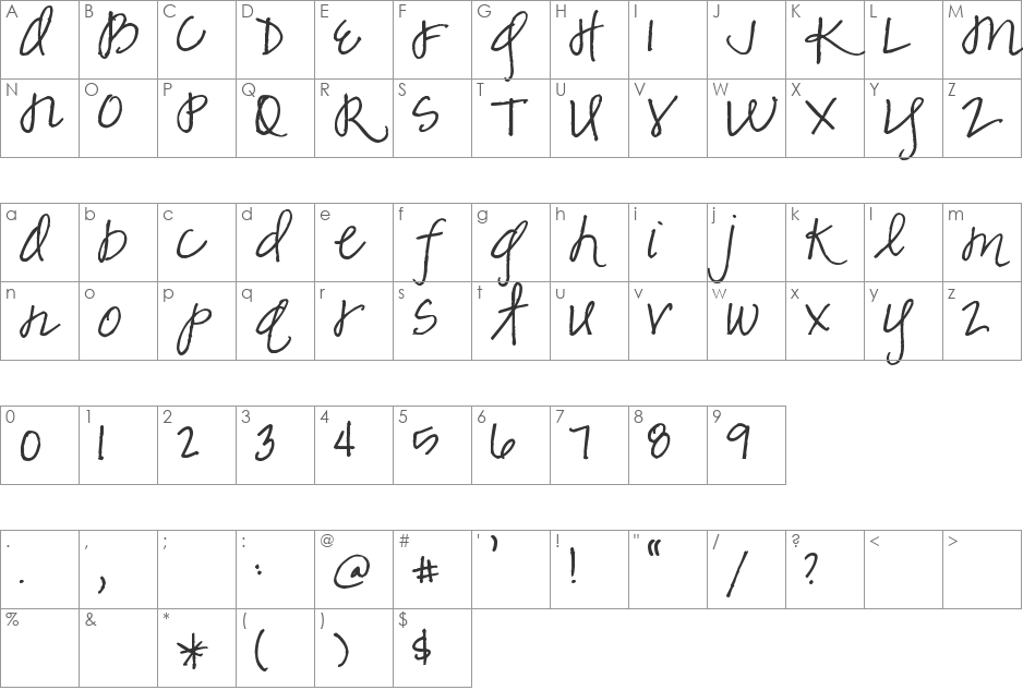 Pea Marcie's Skinny Script font character map preview