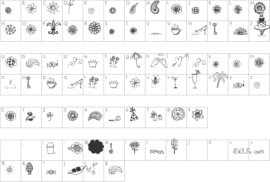 Pea Stacy's Doodles font character map preview