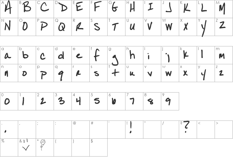 Pea Susan font character map preview