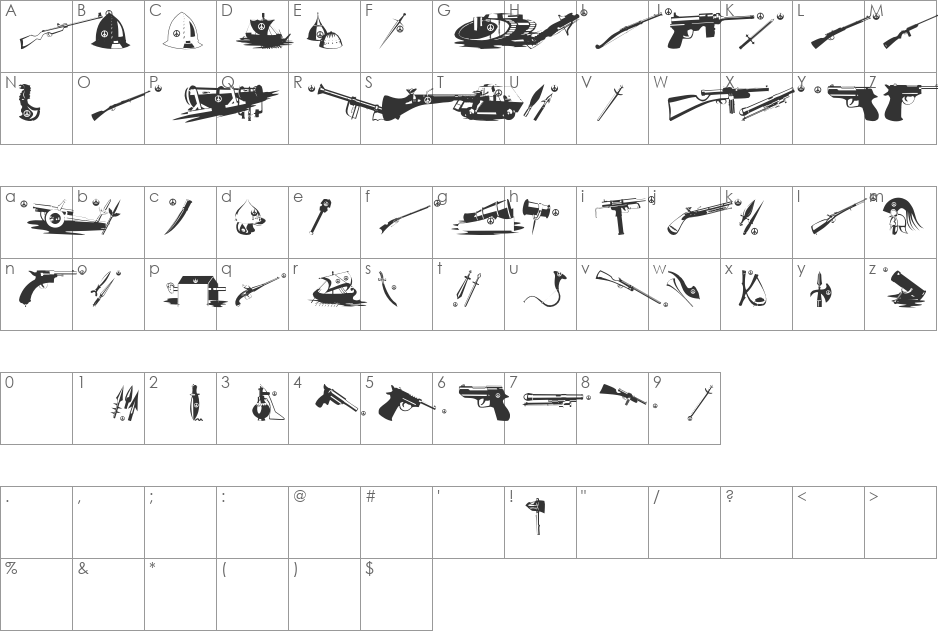 PeaceWeapons font character map preview