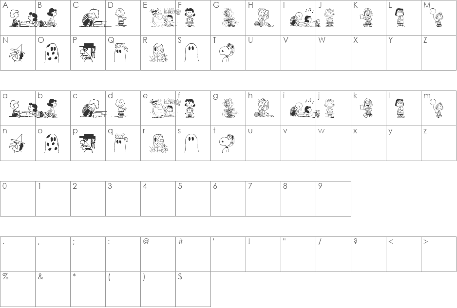 Peanuts Gang Dings font character map preview