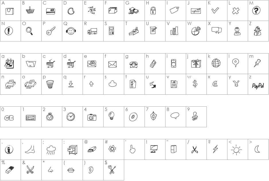 PeaxDrawnIcons font character map preview