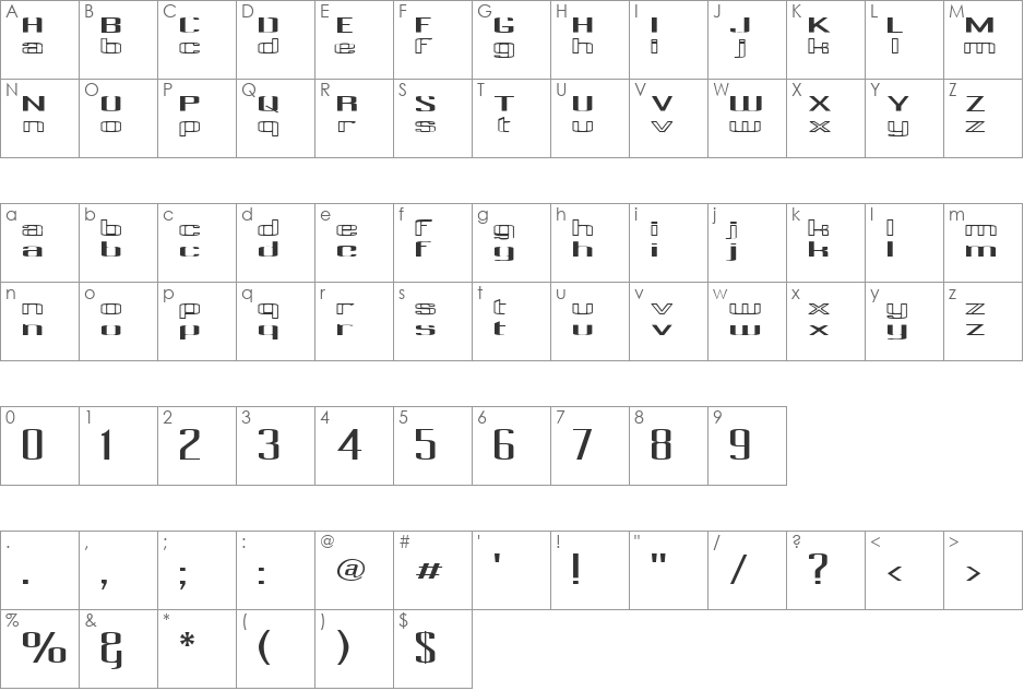 Pecot Upper Outline font character map preview