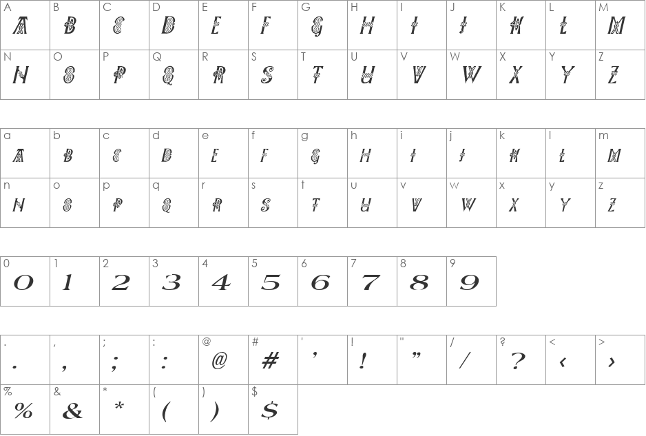 Pee's Celtic Italic font character map preview