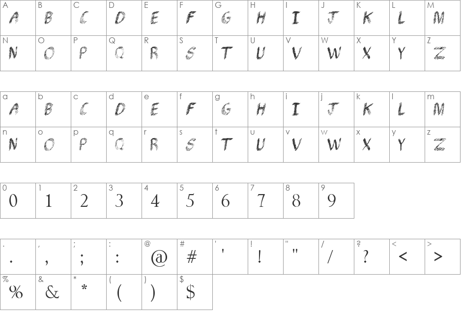 Pencil Shading font character map preview