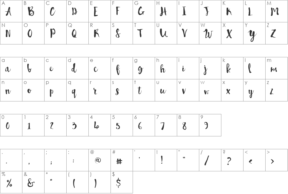 Pennellino font character map preview