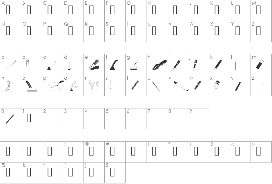 Pens'n'Pencils font character map preview