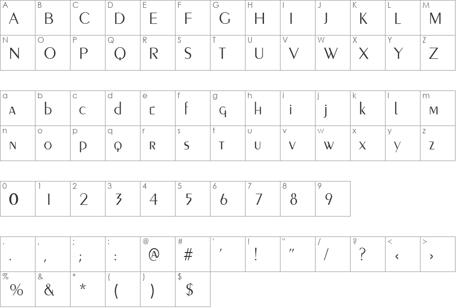 Penyae Light font character map preview