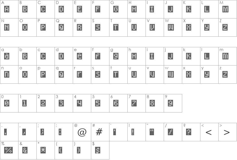 Peppered BTN Negative font character map preview