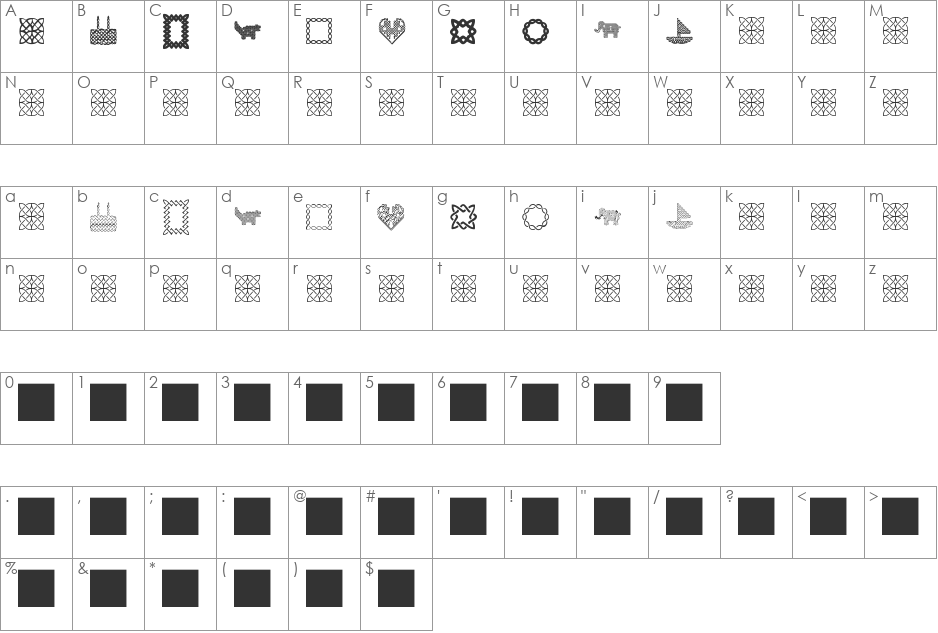 A-J knots font character map preview