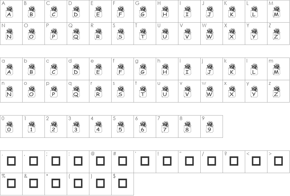 pf_bag3 font character map preview