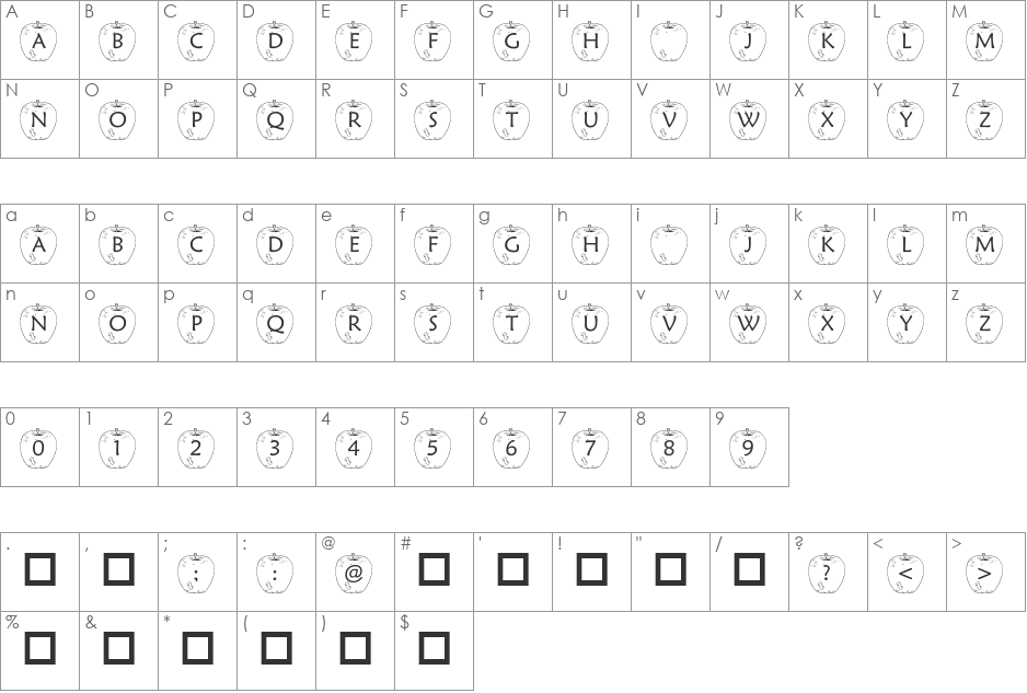 pf_WormyApple font character map preview