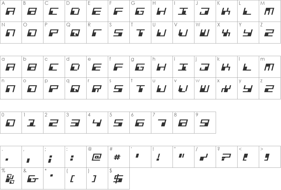 Phaser Bank Expanded Italic font character map preview