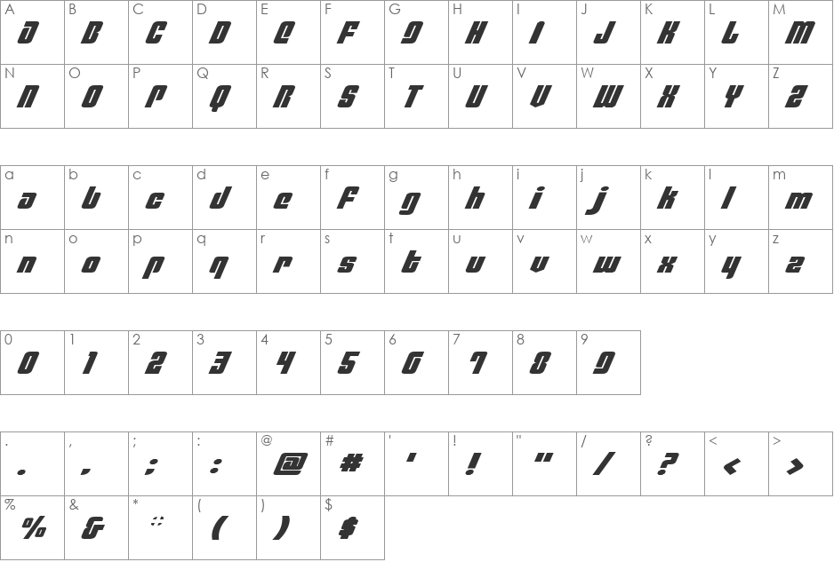 Philadelphia Exp Italic font character map preview