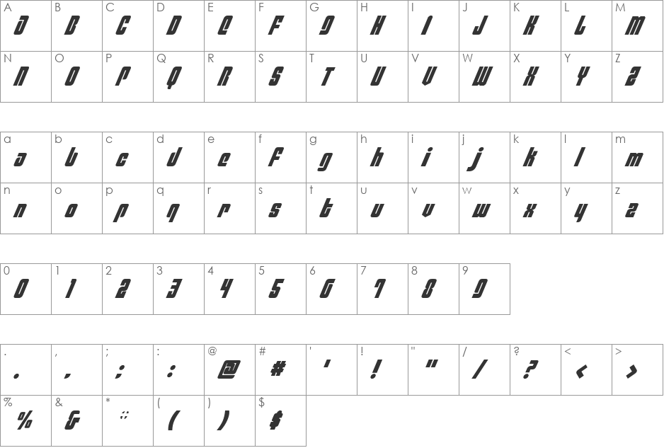 Philadelphia Italic font character map preview