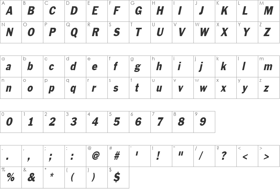 Philadelphia-Condensed font character map preview