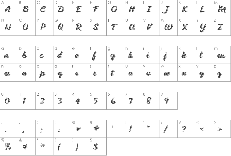 PhoenixScript Upr 'Shadowed' font character map preview