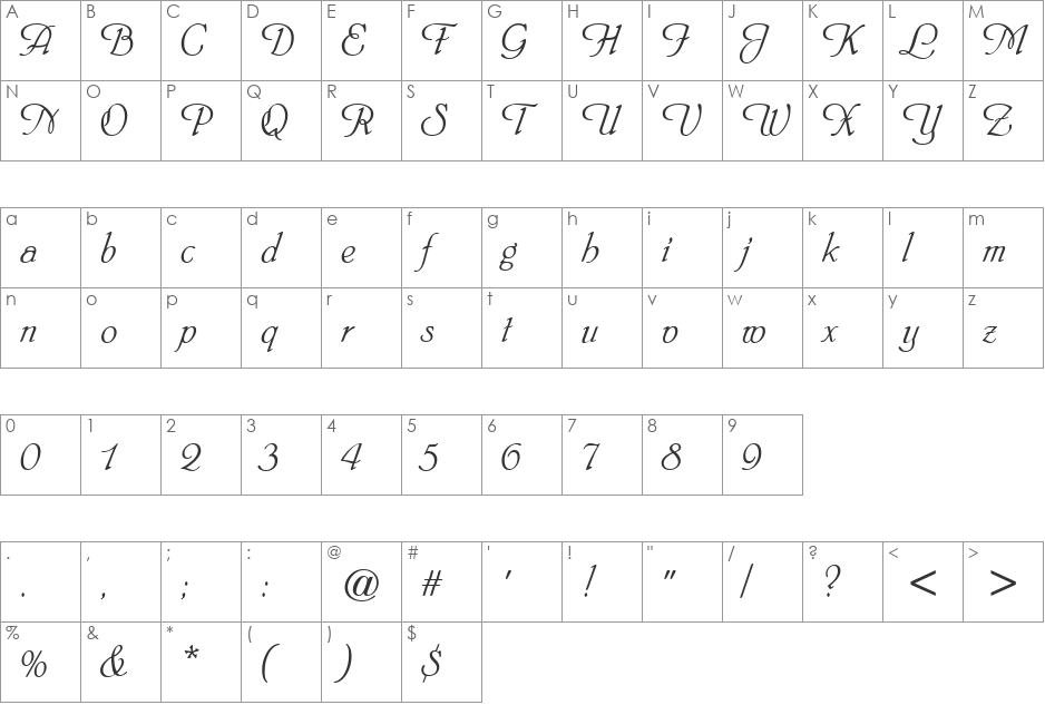 Phyllis CE ATT font character map preview