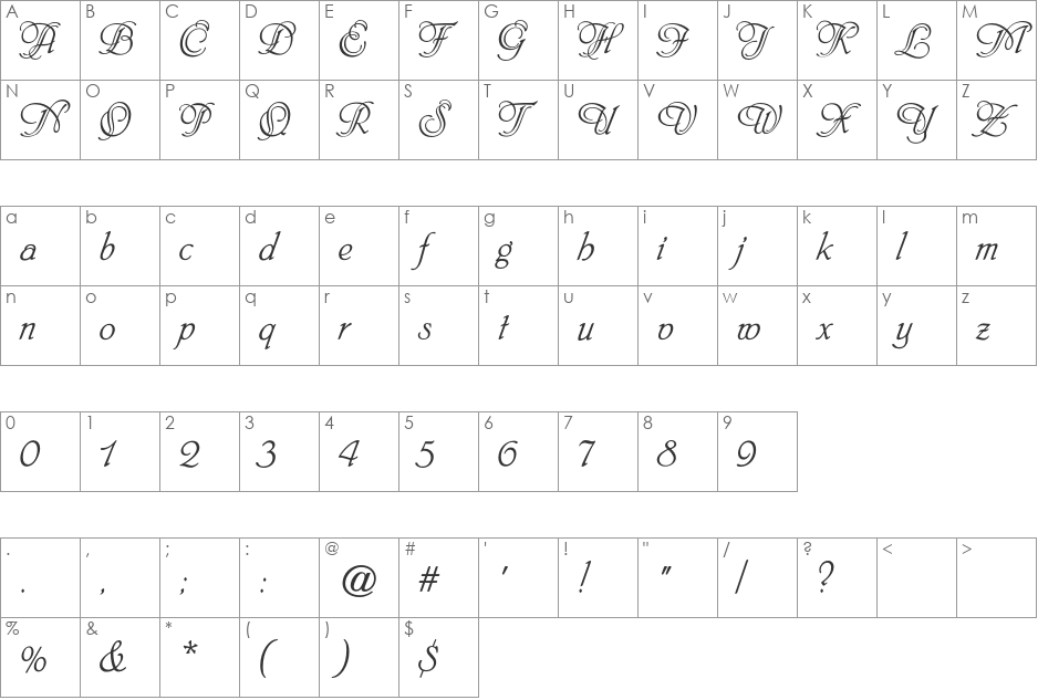Phyllis CG Initials font character map preview