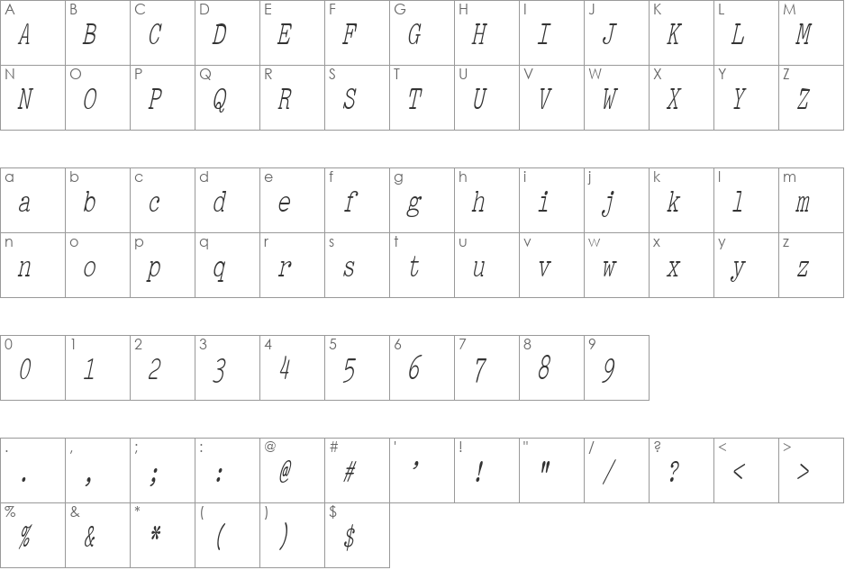 PicaCondensed font character map preview