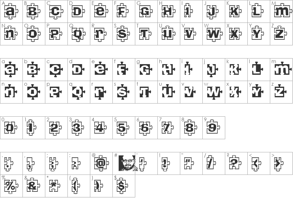 PiecesBW font character map preview