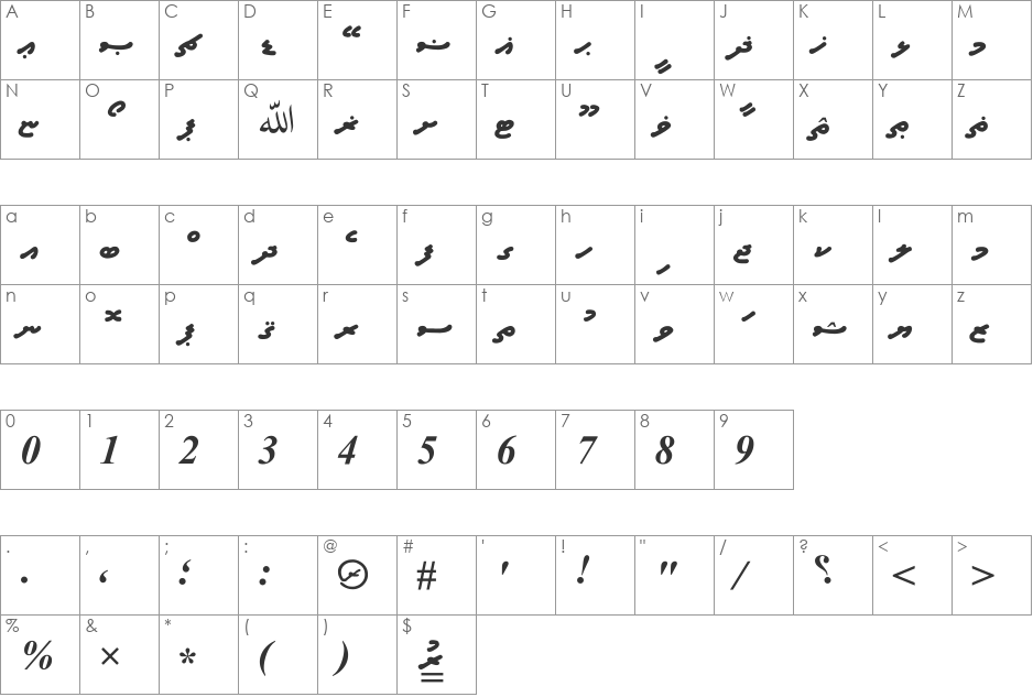 A_Waheed font character map preview