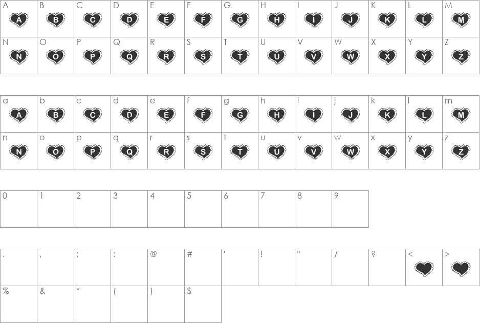 Pillove font character map preview
