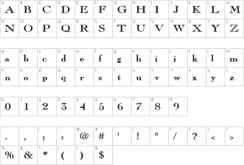 Pinchi-Bold font character map preview