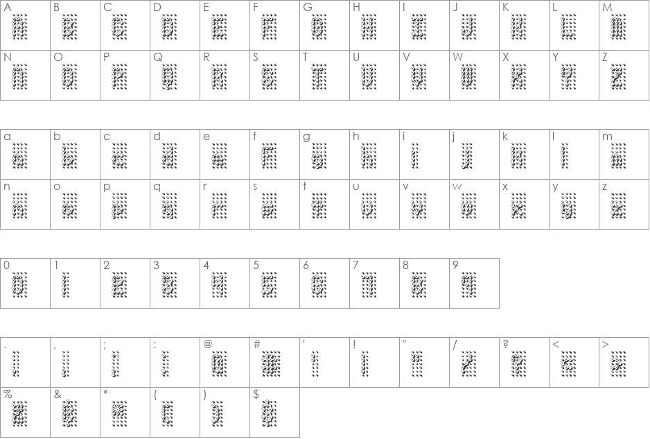Pindown X Plain BRK font character map preview