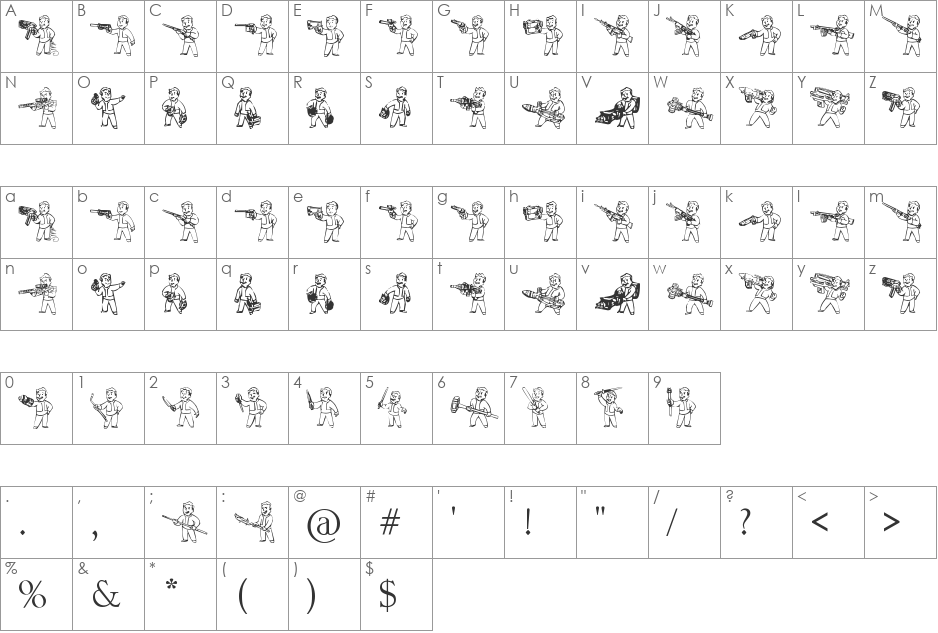 Pip Boy Weapons Dingbats font character map preview