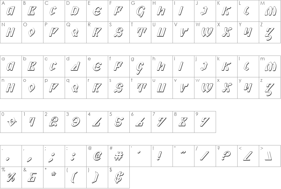 Piper Pie 3D Italic font character map preview