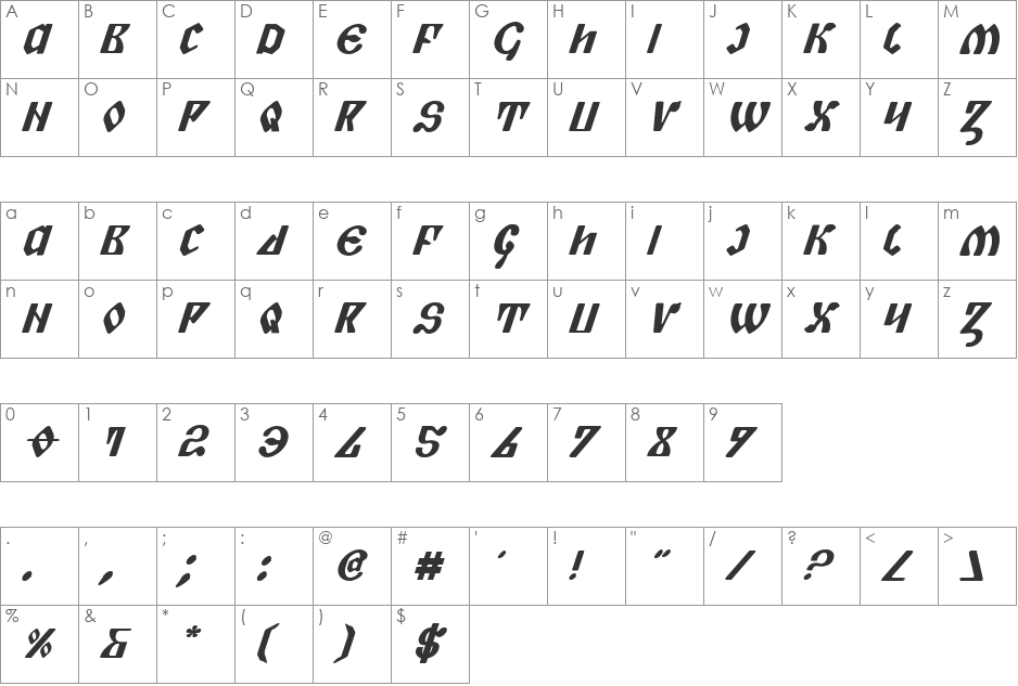 Piper Pie Bold Italic font character map preview